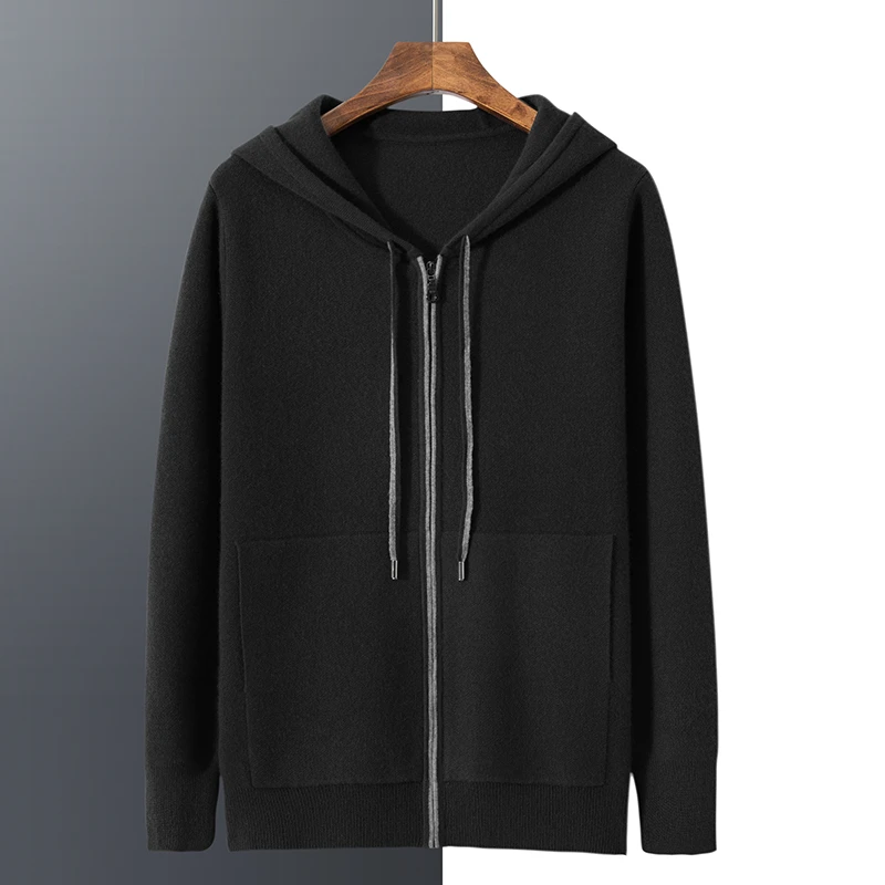 男士加厚100%纯山羊绒连帽开衫秋冬新款针织空气层保暖外套帽衫