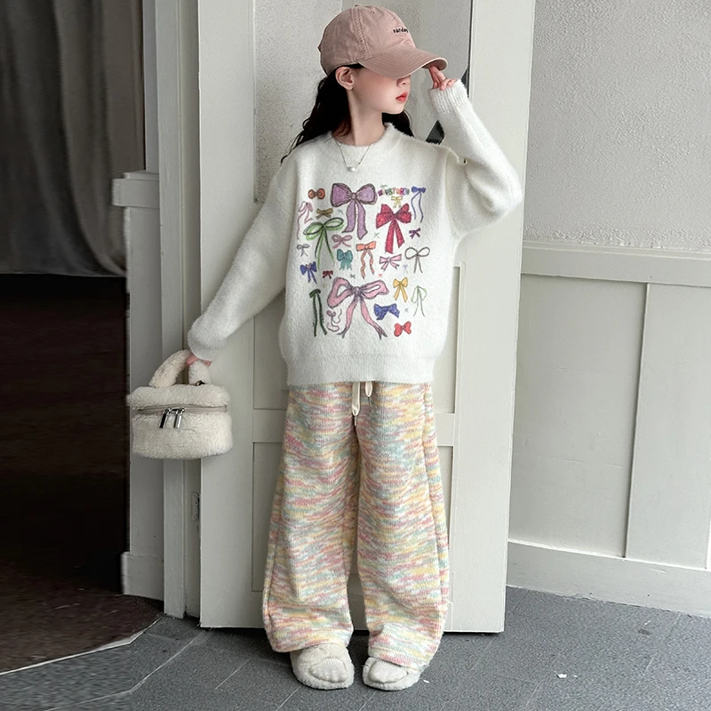 女童加绒套装秋冬季2024新款儿童冬装洋气加厚毛衣大童时髦两件套
