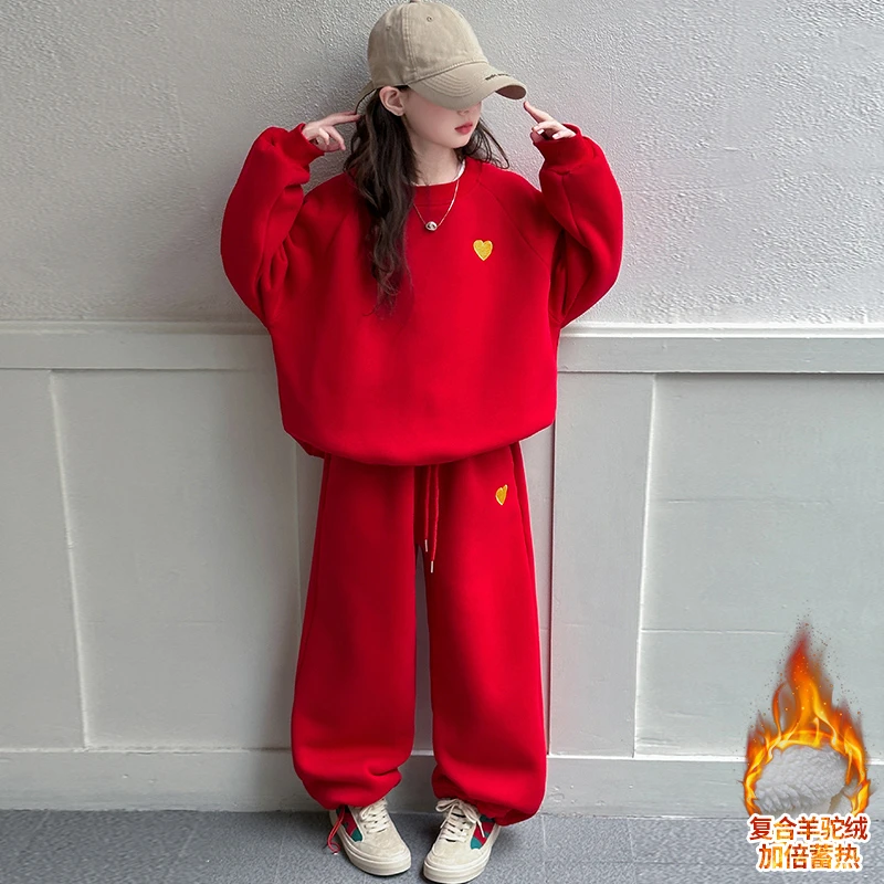 女童加绒卫衣套装秋冬2025新款儿童红色衣服女孩大童本命年拜年服