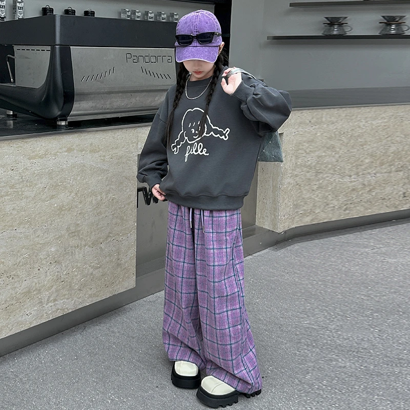 女童秋装2024新款套装韩版儿童网红卫衣格子裤中大童秋装两件套潮