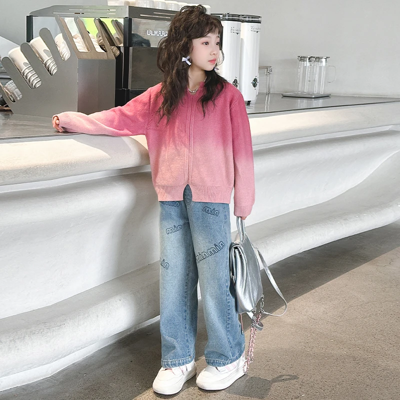 女童时髦洋气套装2025新款女大童秋装毛衣针织衫儿童春秋款牛仔裤
