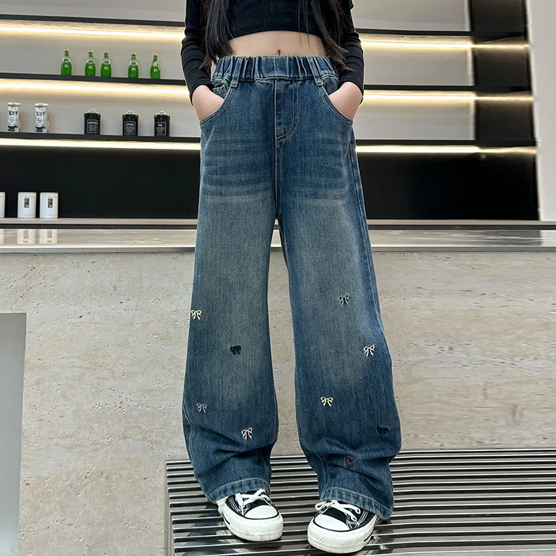 女童牛仔裤春秋2025新款加绒儿童秋装阔腿裤外穿女孩直筒裤子冬装