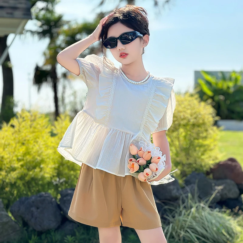女童夏款套装2024夏季蕾丝短袖上衣女孩短袖衬衫儿童短裤两件套潮