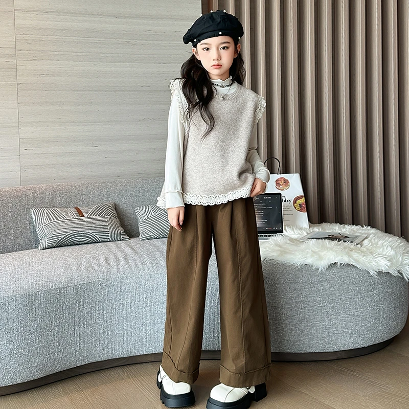 女童春秋季套装2024新款儿童洋气花边马甲大童女孩秋款甜美三件套