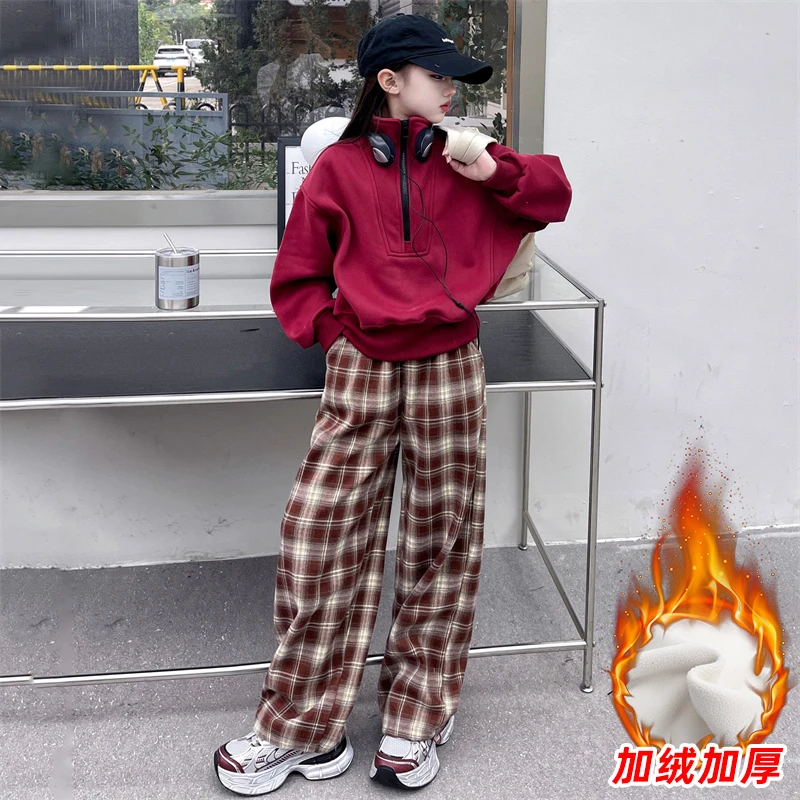 女童秋冬加绒套装2024新款韩系洋气加厚卫衣中大童格子长裤两件套