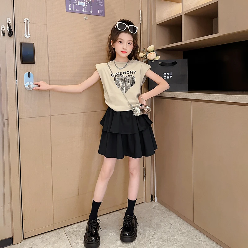 女童裙子套装夏季2025新款洋气儿童短袖半身蛋糕裙两件套裙大童