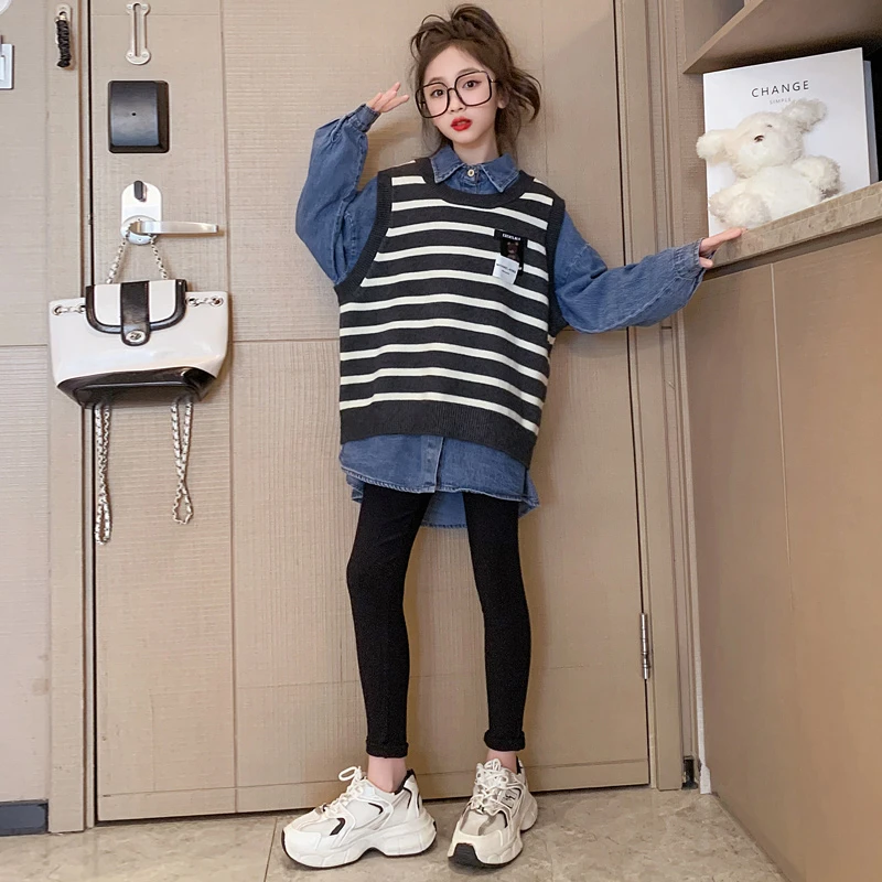 女童条纹针织马甲牛仔裙套装秋装2024新款时髦儿童连衣裙两件套