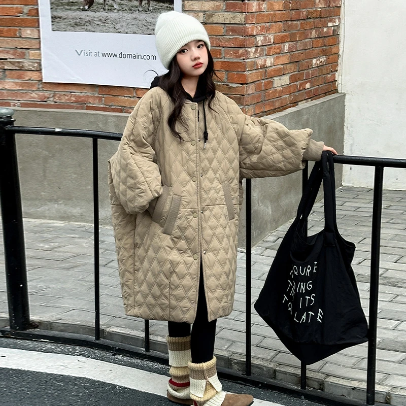 女童薄款绗线棉衣冬装大童中长款洋气棉服冬季女孩夹棉加厚外套潮