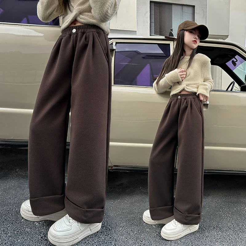 女童秋冬加绒裤子2024新款中大童一体绒阔腿裤儿童冬季加厚毛呢裤