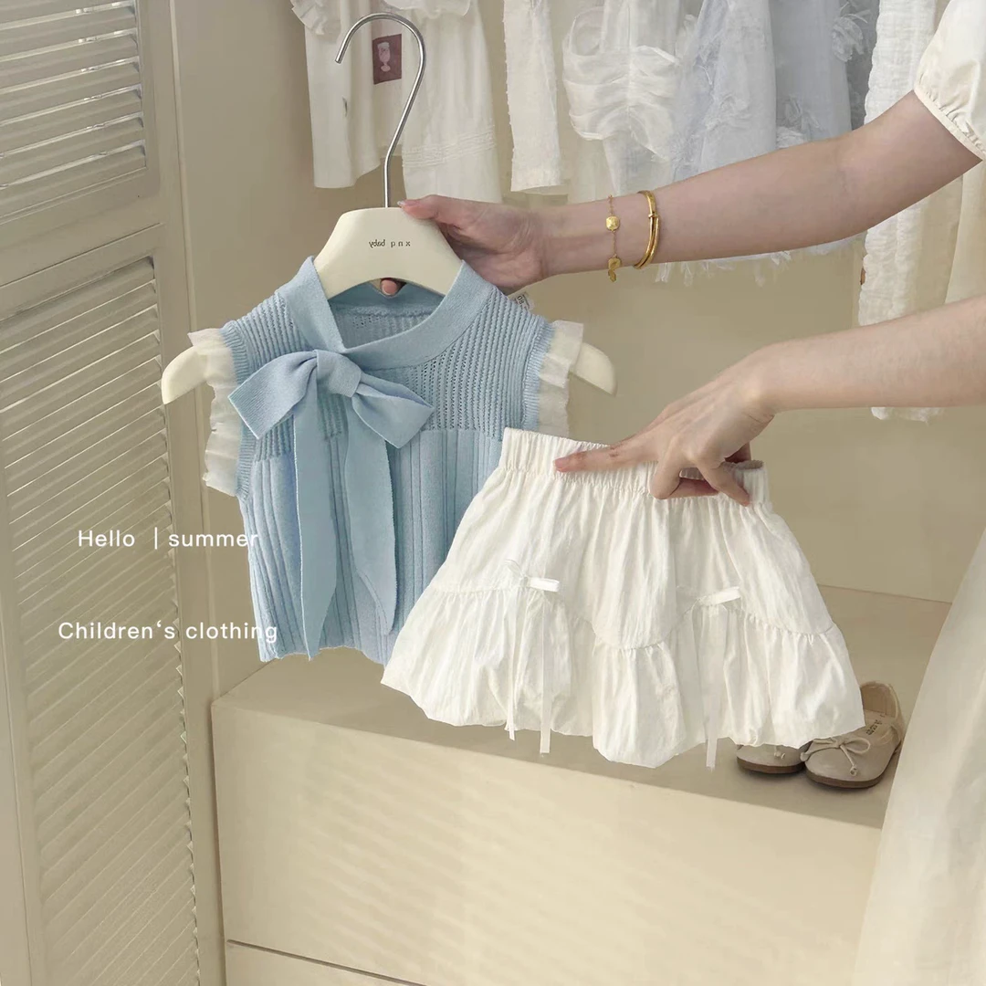 女童夏季套装新款洋气儿童蝴蝶结针织背心上衣花苞裙两件套甜美