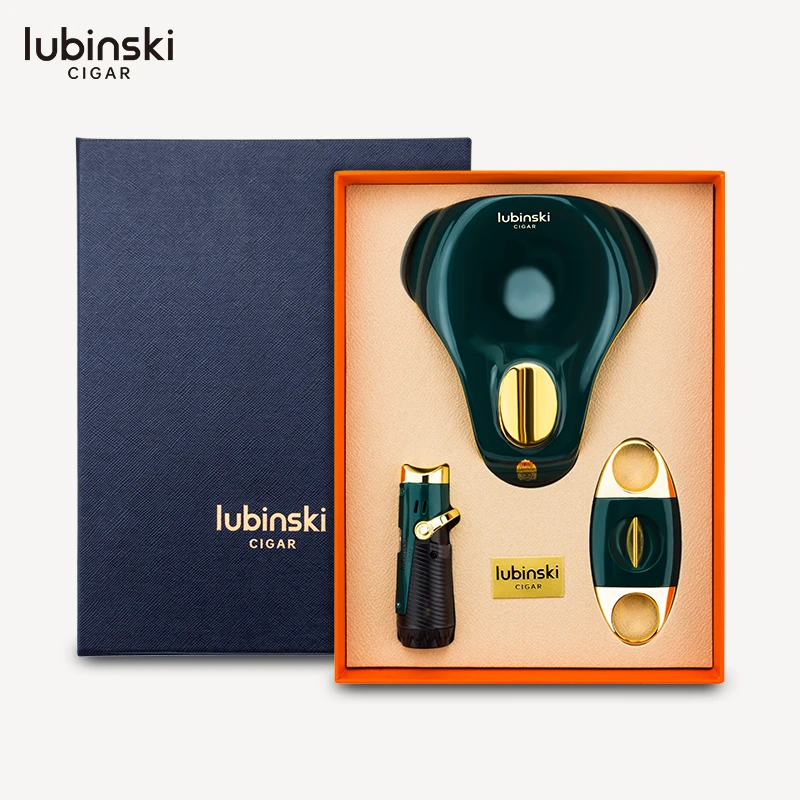LUBINSKI 雪茄套装锋利剪刀直冲打火机时尚陶瓷烟灰缸 YJA-80021
