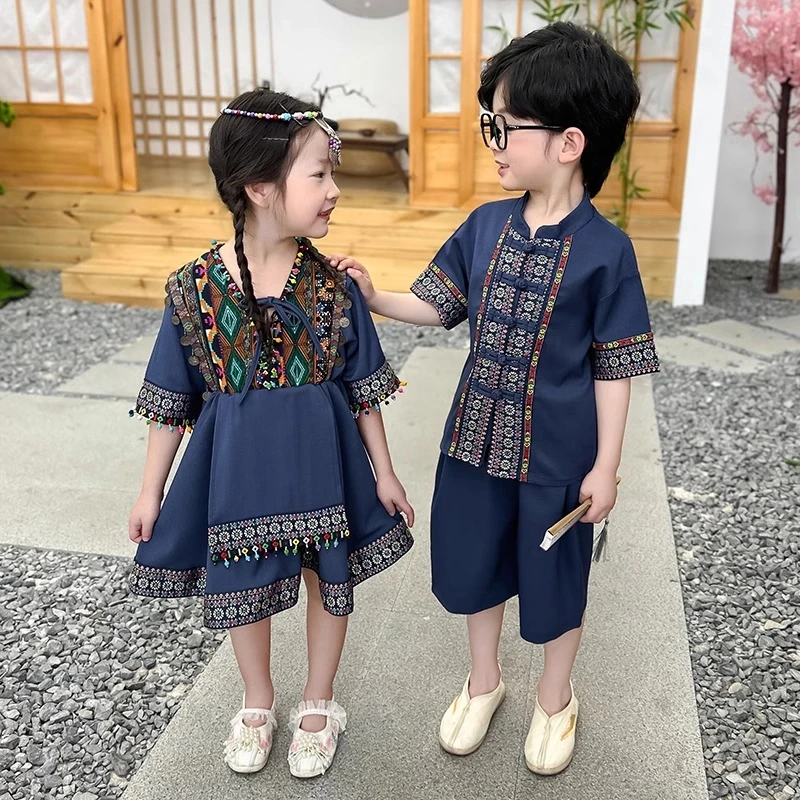 儿童汉服男童国风套装女童唐装宝宝三月三壮族苗族少数民族演出服