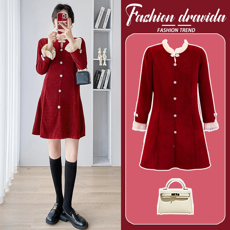 孕妇连衣裙秋冬2023新款高级小个子圣诞节红色小香风裙子新年穿搭