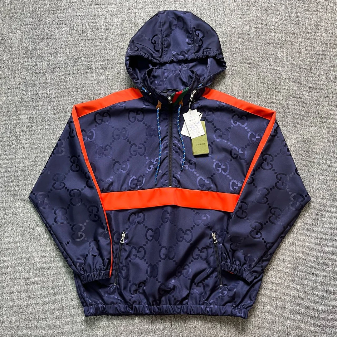 Gucci FW22双G满印蓝橙撞色连帽冲锋卫衣/48码/全新/11495