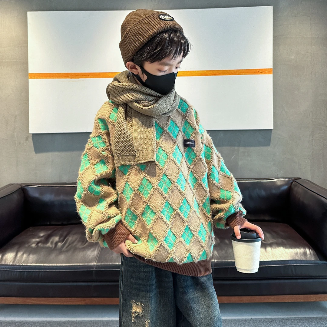 男童毛衣秋冬款2023新款儿童针织打底衫加厚中大童套头衫冬季男孩