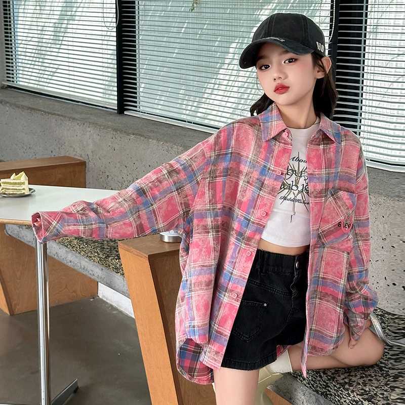女童衬衫长袖春秋2024新款洋气儿童秋季格子外套薄款大童秋款衬衣