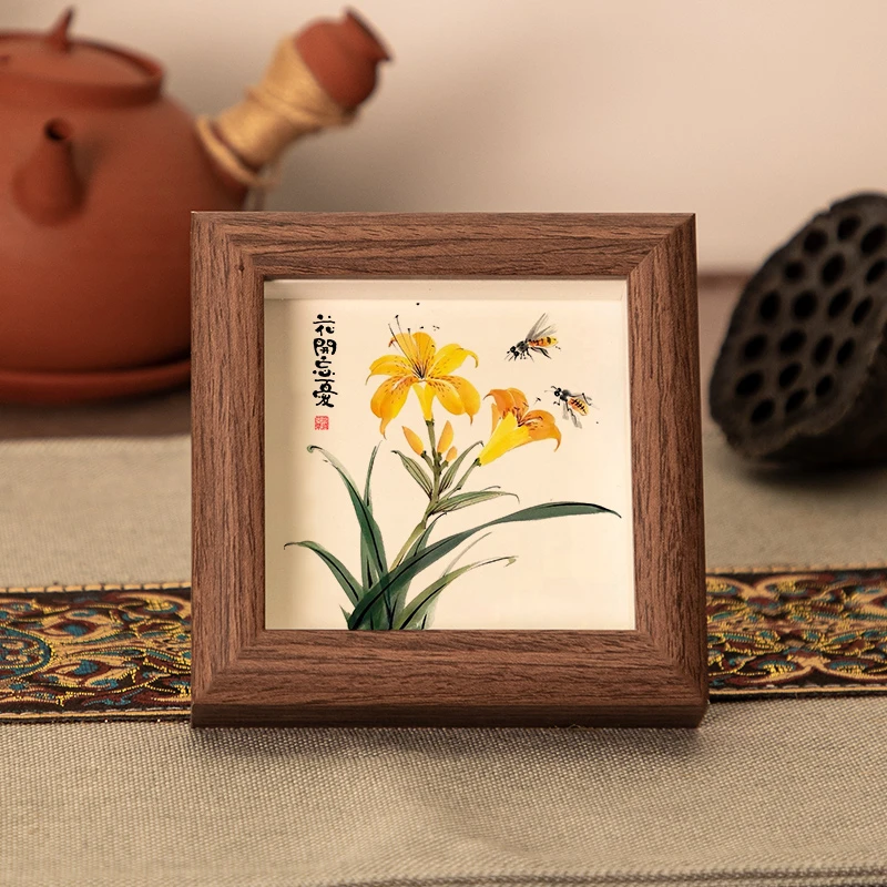 【花开忘忧】4寸书法摆台文艺书法桌面简约玻璃木质中空相框摆件