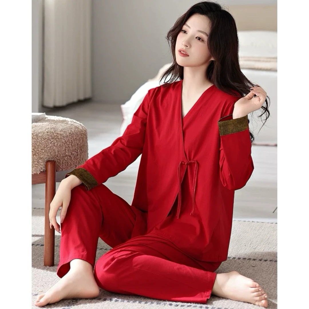 红色V领本命年新婚结婚喜庆长袖睡衣女套装春秋季新款薄款家居服