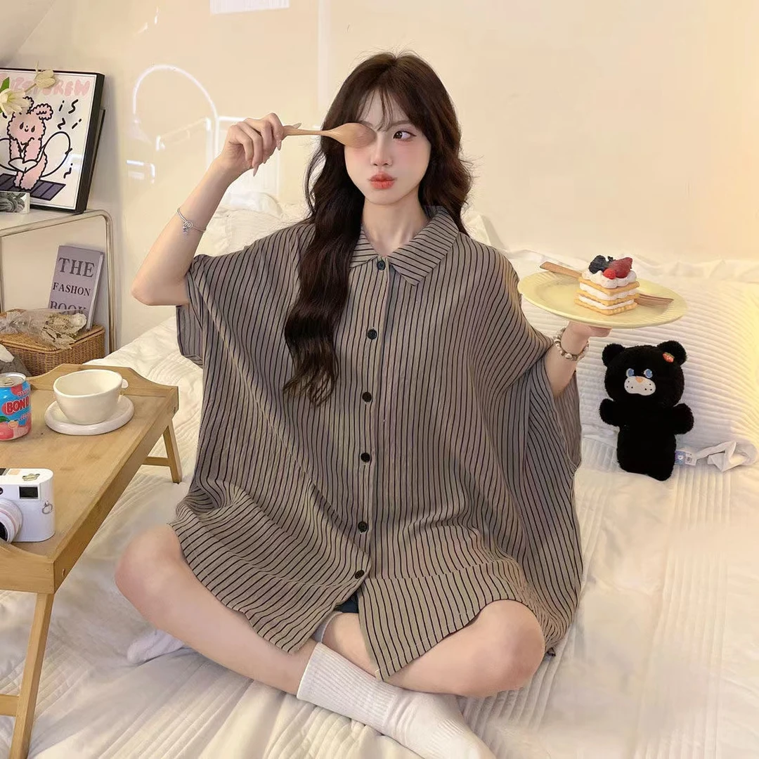 韩版简约宽松条纹纯棉纱短袖短裤家居服夏季100%全棉套装可外穿薄