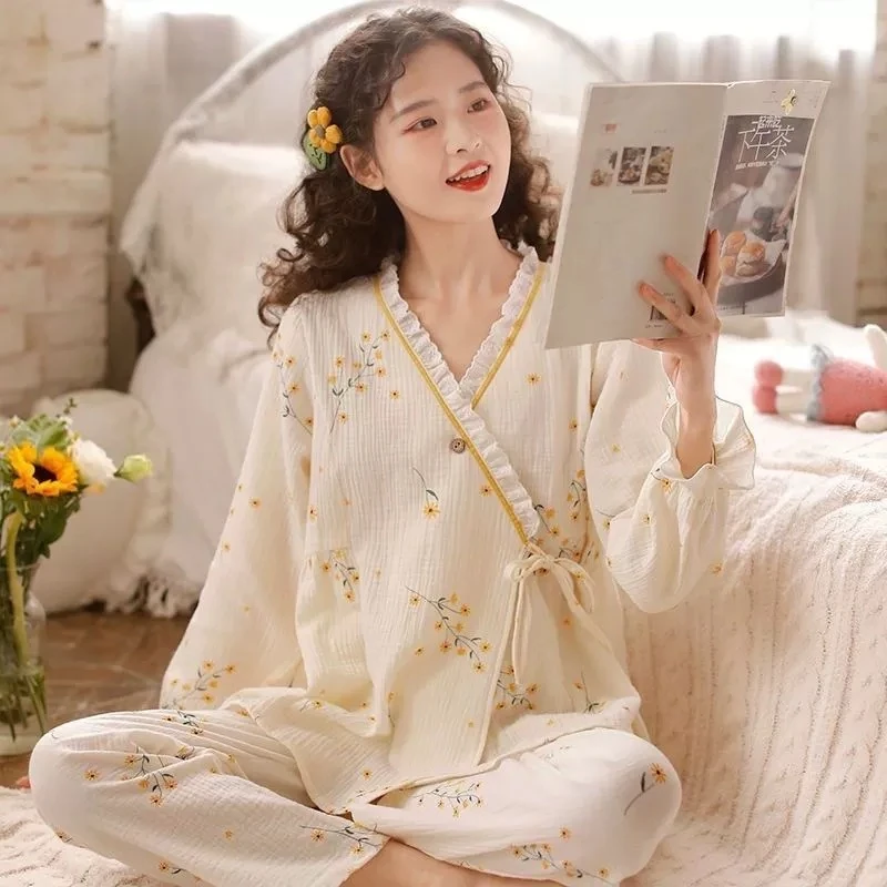 日式和服睡衣女棉春秋夏季长袖宽松大码纽扣蕾丝花边家居服