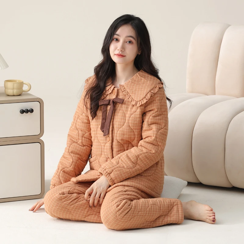 新款娃娃领三层加厚加绒夹棉睡衣女秋冬厚款保暖家居服套装