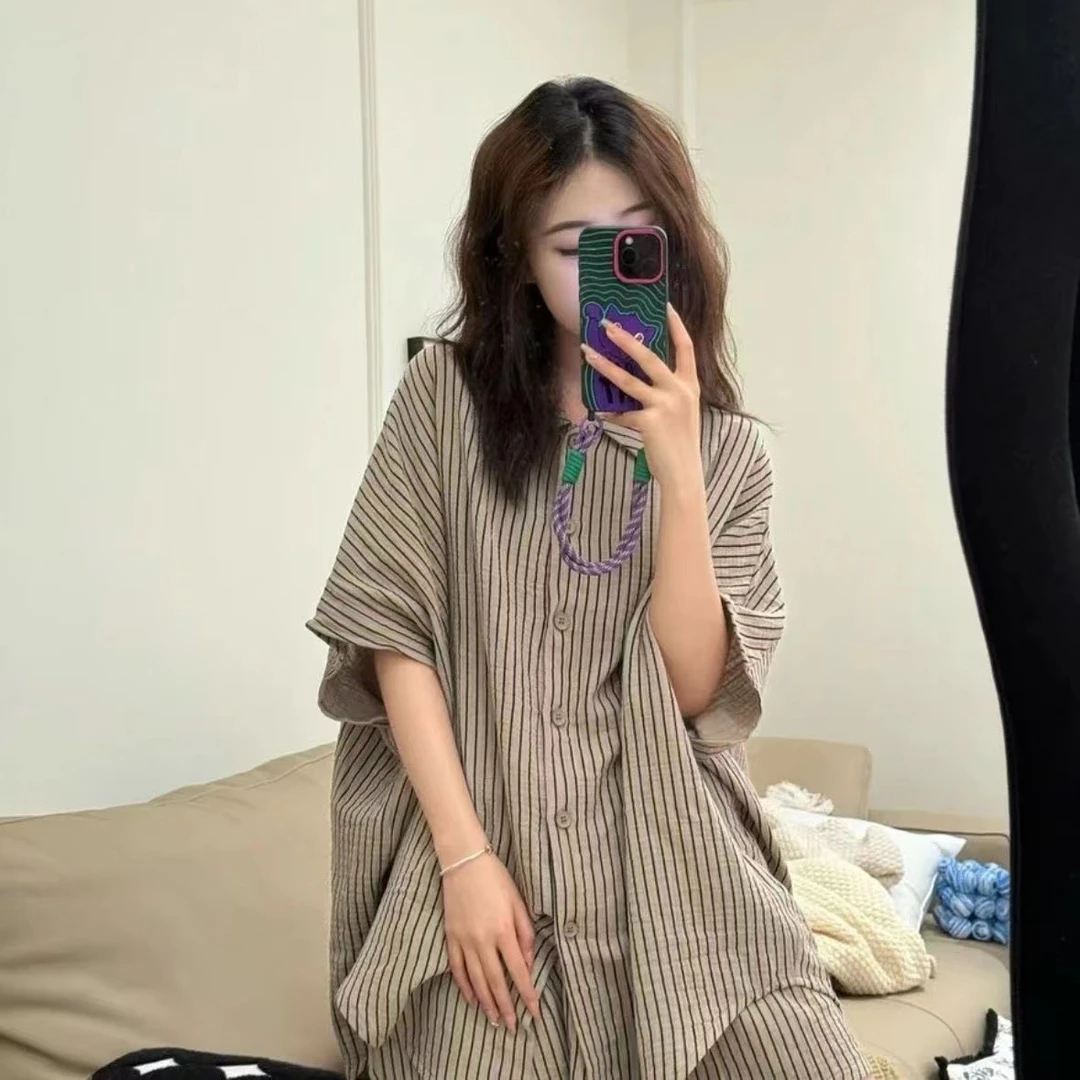 云朵绵五分袖短裤睡衣女夏季宽松加大码条纹开衫薄款家居服