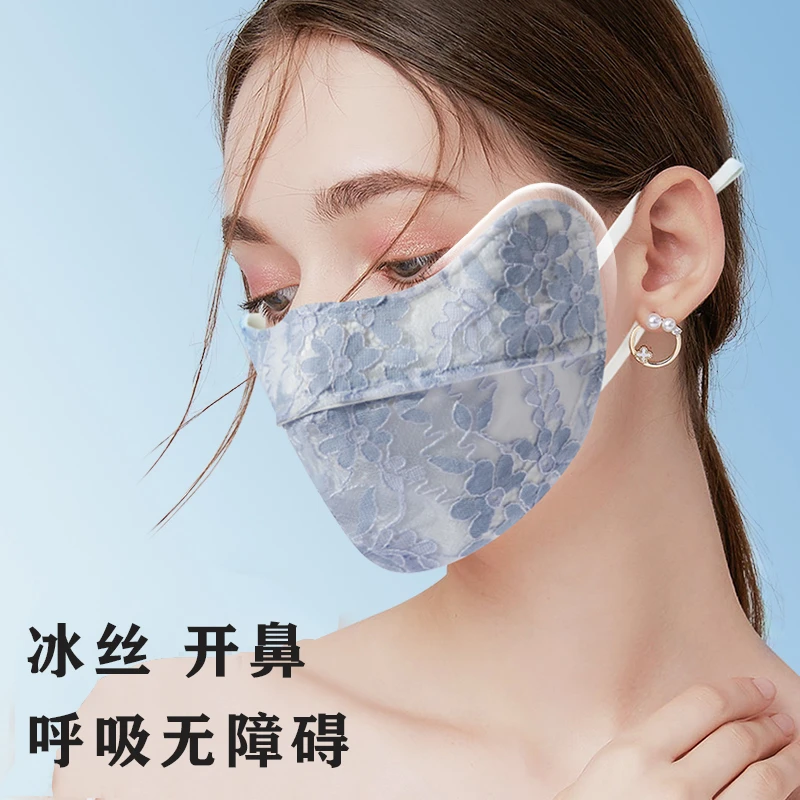 防晒口罩女薄护眼角露鼻蕾丝透气立体夏季防紫外线冰丝开鼻面罩