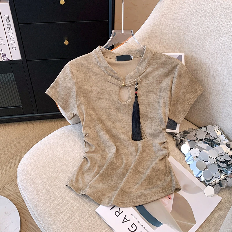 大码女装胖mm2024夏季款新中式国风扎染褶皱收腰显瘦短袖T恤上衣