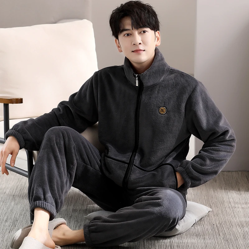 2025男款高端暖绒套装可外穿男士秋冬法兰绒睡衣拉链立领家居服男