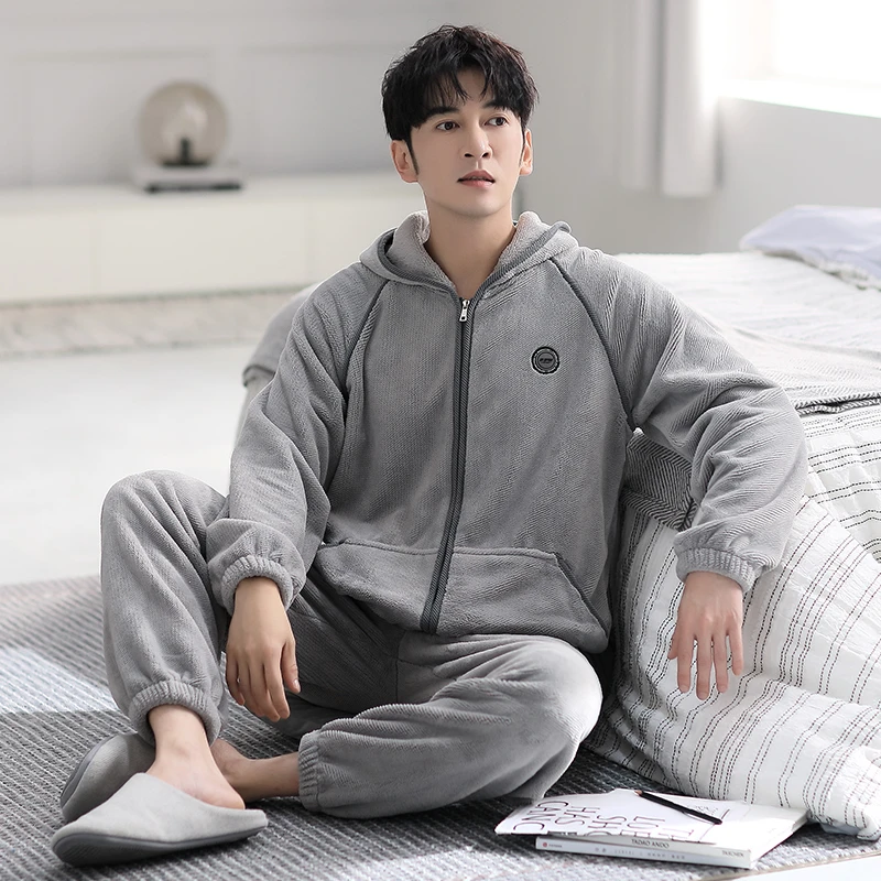 2023男款高端暖绒套装可外穿男士秋季加绒高档睡衣连帽休闲家居服