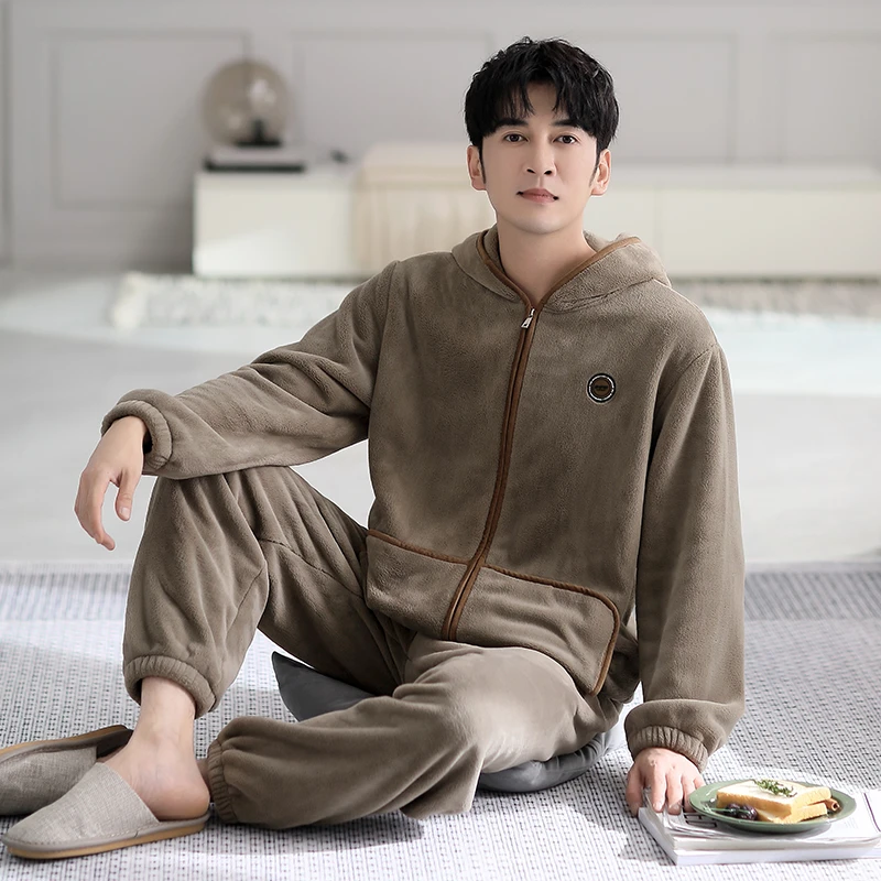 2023男士连帽暖绒冬季家居服可外出高档睡衣可外穿男款高端套装