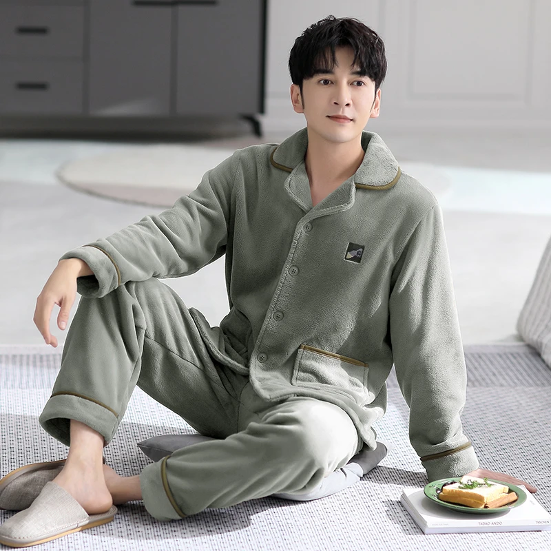 2023男款高端暖绒套装可外穿男士秋季加绒高档睡衣翻领休闲家居服