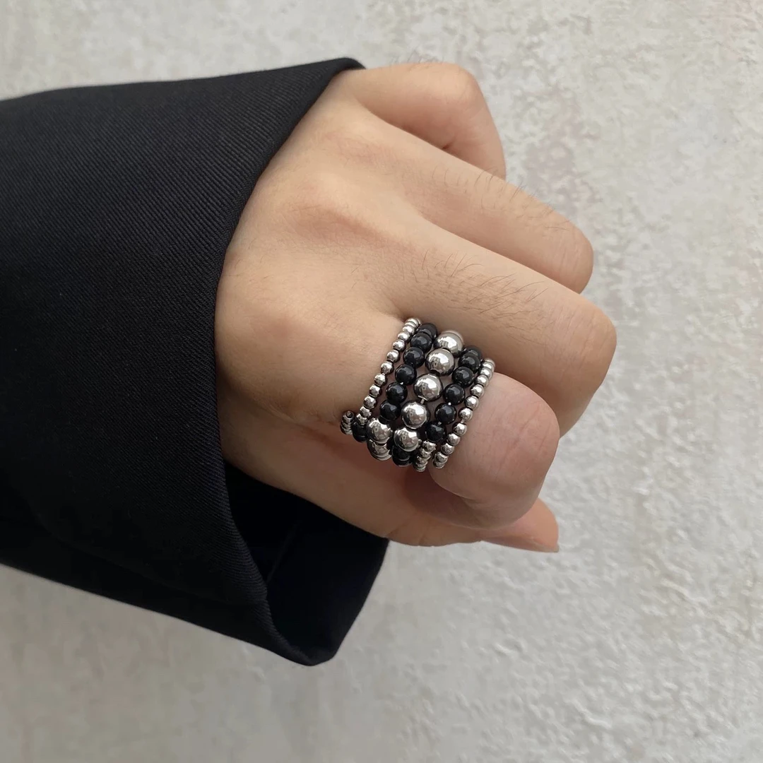 合金戒指 复古多层缠绕金属圆珠球仿珍珠手工指环戒宽版夸张指环