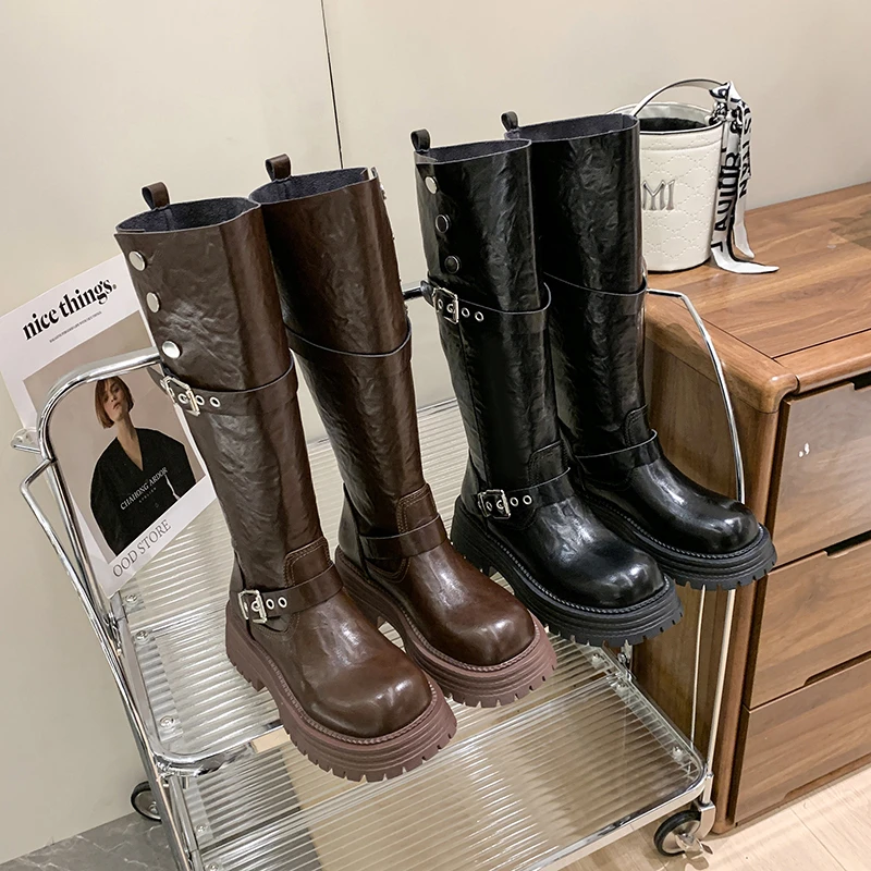 黑色长筒靴女复古小个子厚底增高2024高筒新款春秋季不过膝骑士靴