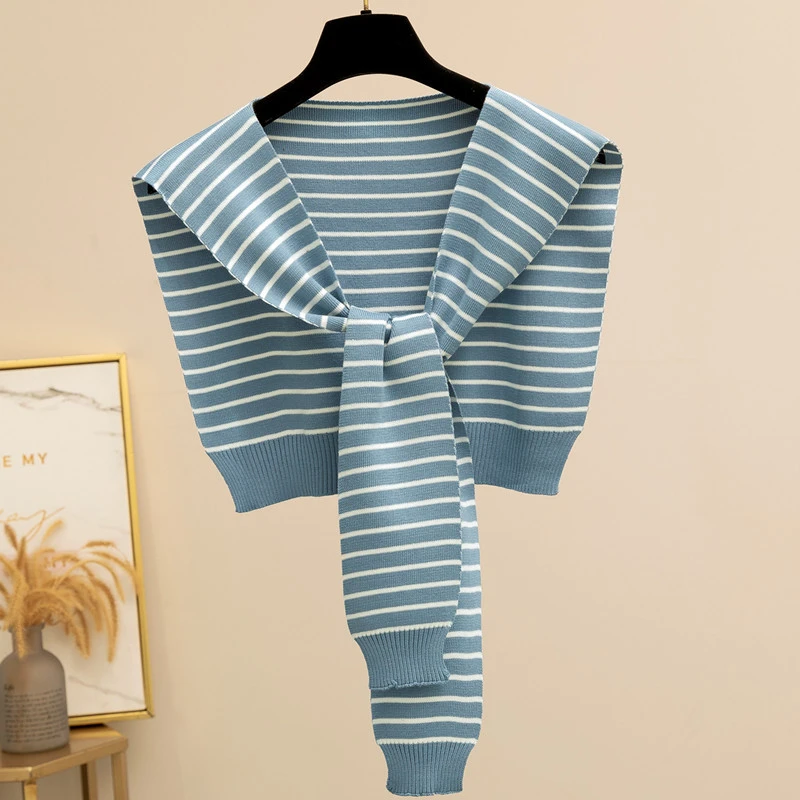 （凡里与麻）百搭叠穿必备披肩蓝色+084311早秋新品外搭网红条纹