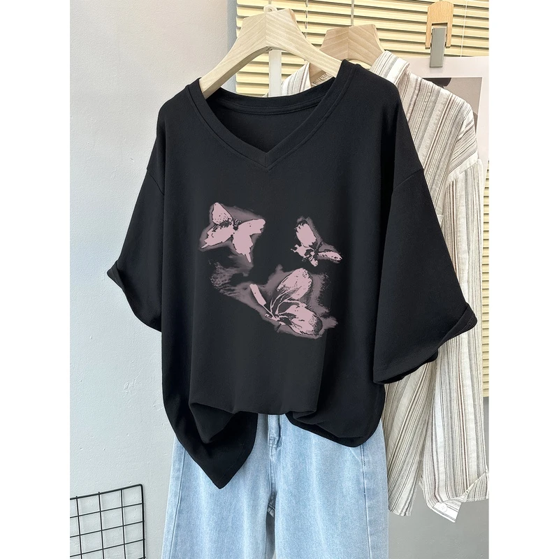 纯棉短袖t恤女2024新款夏季宽松大码女装半袖显瘦V领上衣洋气体恤