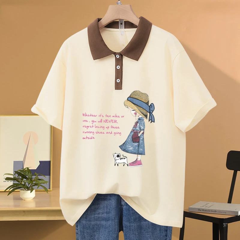 夏季大码宽松POLO领纯棉短袖t恤女装2024年新款胖mm显瘦遮肚上衣