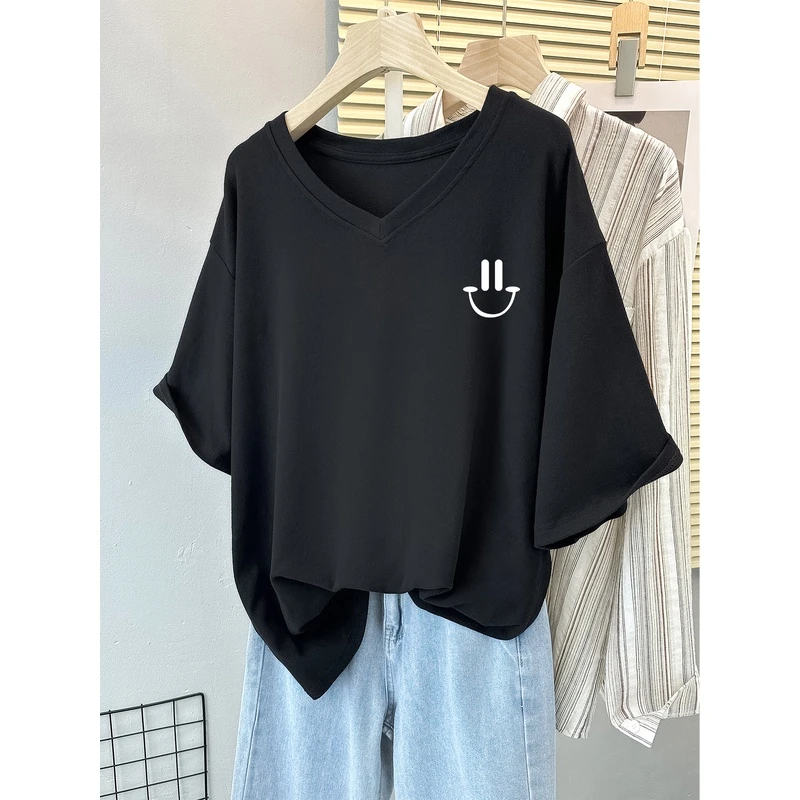 300斤胖mm纯棉短袖t恤女2024夏季小众设计感体恤宽松显瘦V领上衣