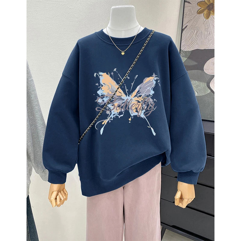 oversize宽松胖mm秋冬大码加绒圆领卫衣女美式复古显瘦休闲外套潮