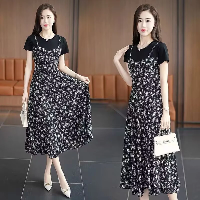 2024新款大码洋气时尚气质夏季假两件碎花宽松连衣裙