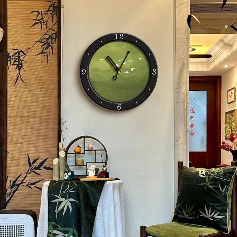 中古风绿色飞鸟客厅挂钟法式复古餐厅挂墙时钟家用静音卧室钟表画