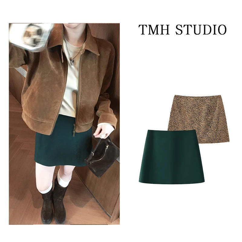 TMH STUDIO【7折回馈福利】复古法式豹纹麂皮绒显瘦A字半身裙女短款