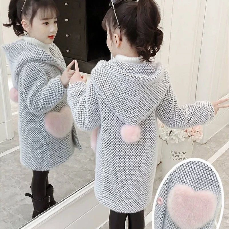 女童外套2024新款宝宝冬款雪貂绒中长款格子夹棉加厚女孩过年衣服