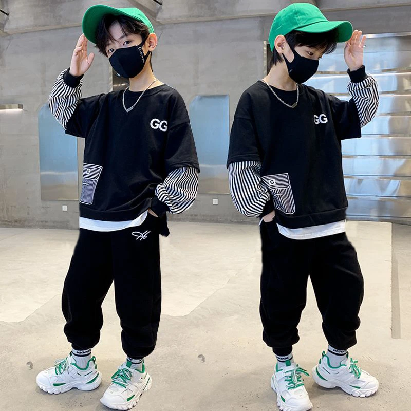 儿童装春装男童卫衣套装春秋季2024新款假两件帅气炸街中大童运动