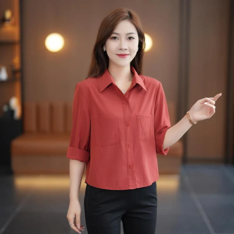 2025春秋新款长袖衬衫女士时尚气质宽松遮肚显瘦百搭上衣减龄衬衣