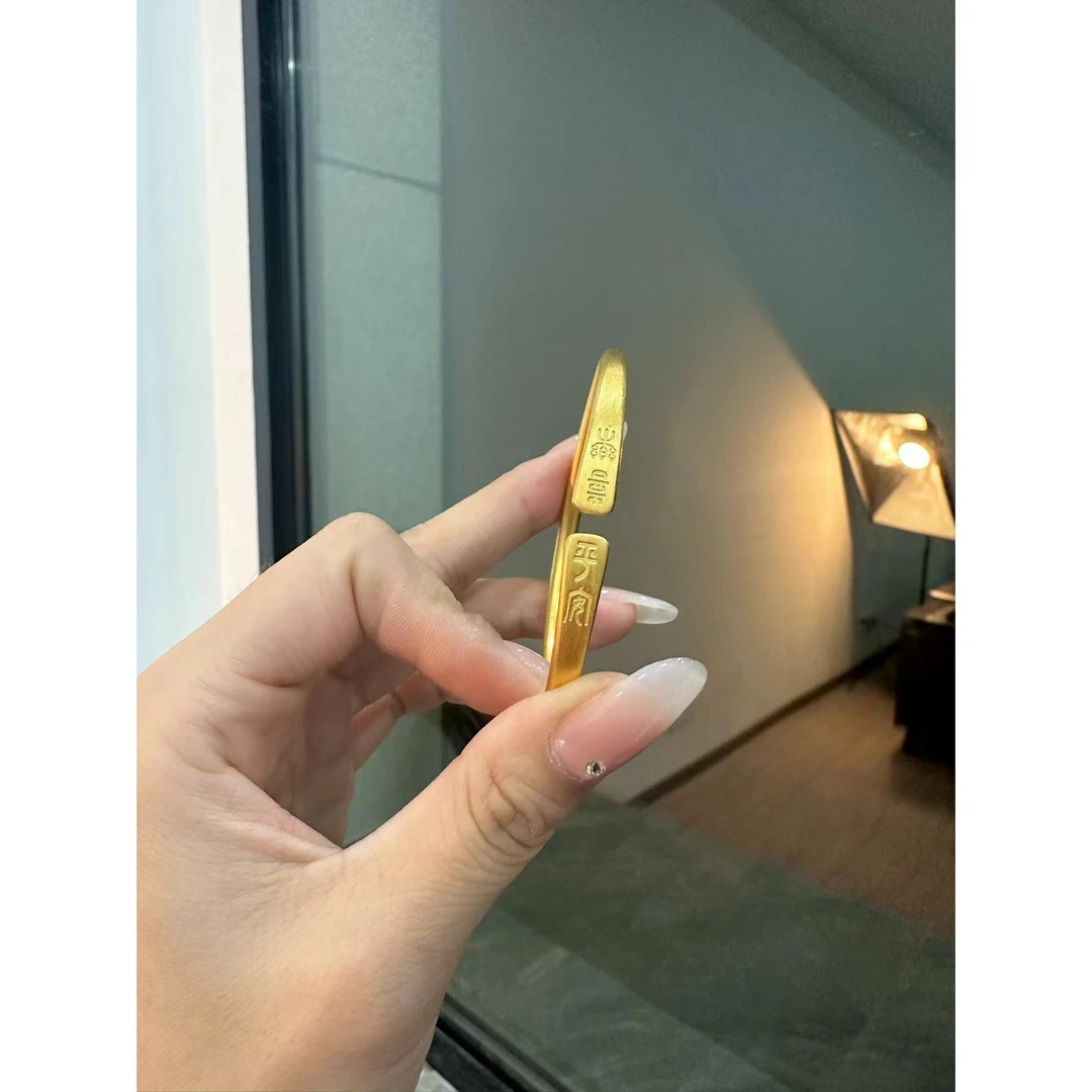 足银手镯 【平安喜乐手镯】金银首饰磨砂錾刻女款平安喜乐手镯复古