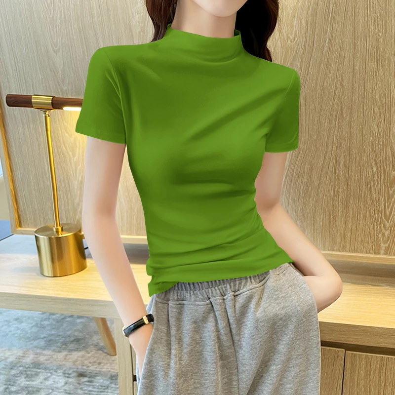 半高领短袖t恤女2025年夏季新款绿色棉质紧身半袖显瘦百搭上衣潮