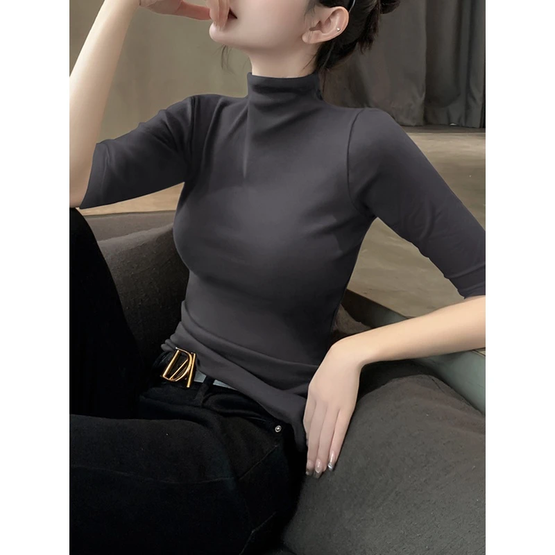 半高领中袖t恤女新款莫代尔打底衫内搭修身棉氨五分袖黑色打底衫