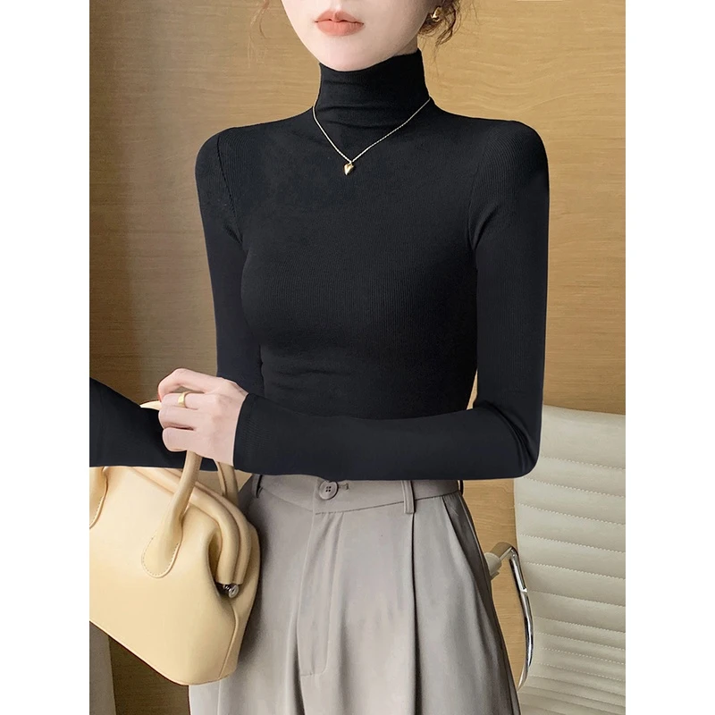 黑色长袖针织高领打底衫女春秋冬季2025新款螺纹紧身洋气内搭上衣