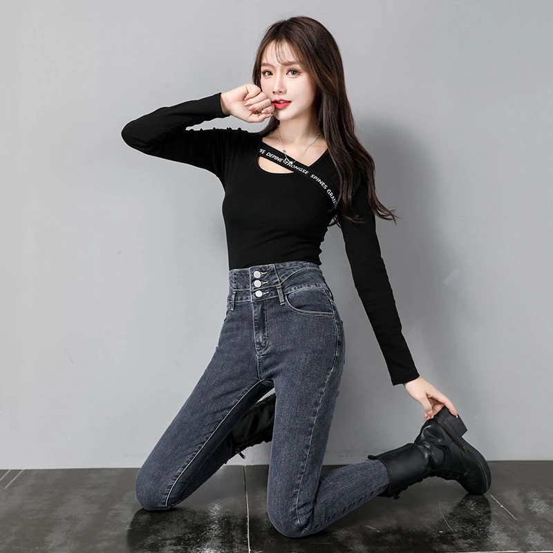 3216高腰小脚牛仔裤女秋冬季新款韩版紧身显瘦小个子九分铅笔长裤